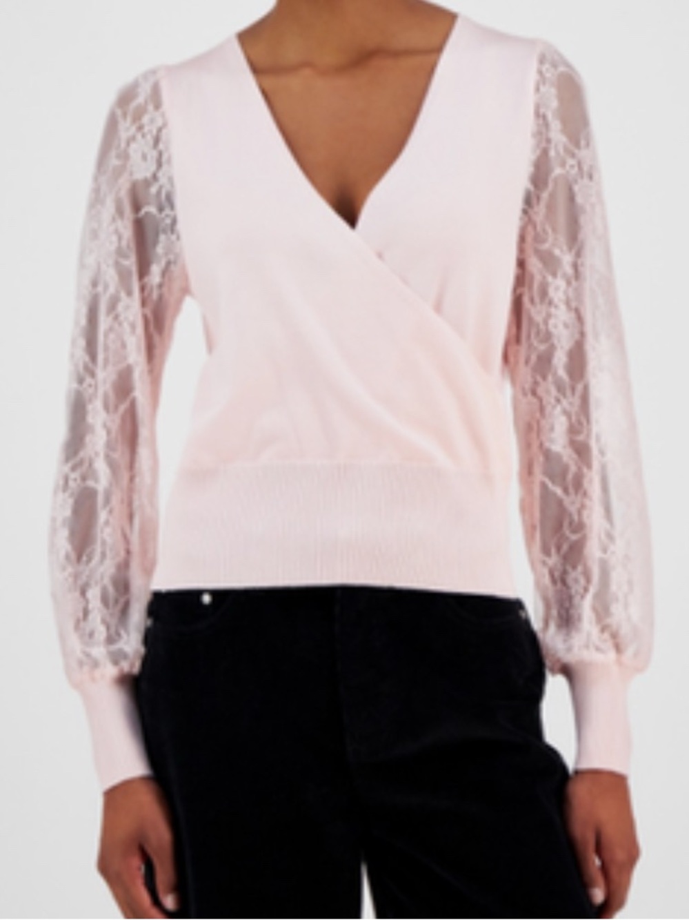 Women's Pink Lace-Sleeve Wrap V-Neck Top
